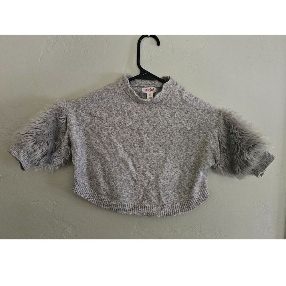 Cat & Jack Baby Girls Grey Faux Fur Sleeve Crop Knit Sweater 18M